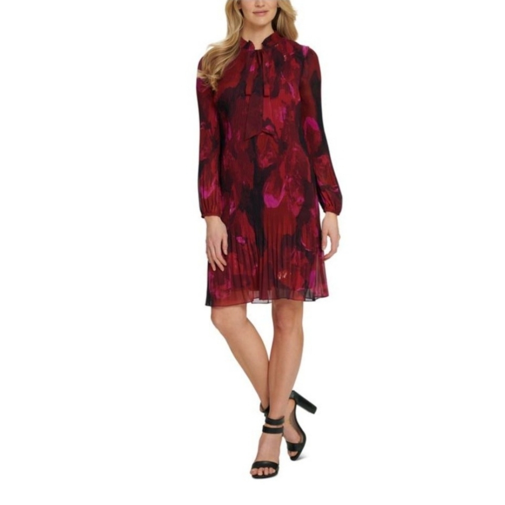 DKNY Long Sleeve tie-neck Pleated Shift Dress with a red & black floral print